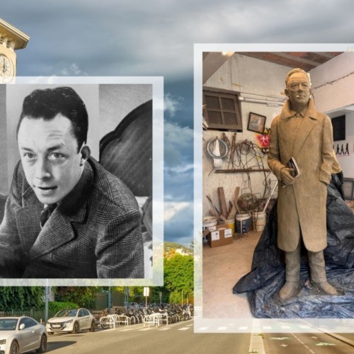 Camus debout sur la Promenade du Paillon 